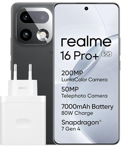 realme 16 Pro+ 5G Smartphone 12+512 GB, Fotocamera da 200MP LumaColor, 6,8 Display Curvo Display, Refresco a 144Hz, Snapdragon® 7 Gen 4, Batteria 7000mAh, Ricarica SuperVOOC 80W, IP69K, Grigio