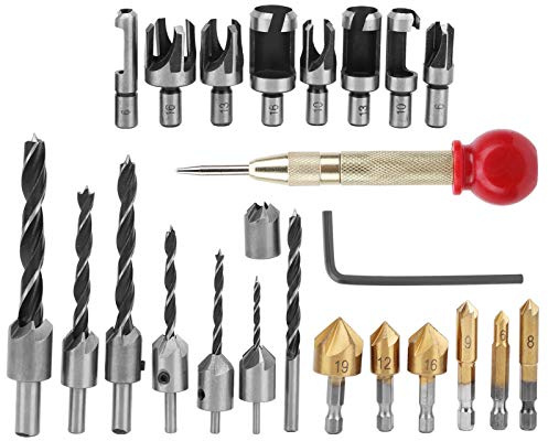 Juego de 24 herramientas de perforación para chaflán para carpintería, 6 brocas hexagonales de 1/4 y 5 flautas, avellanadoras de 90 grados, 7 piezas de tres puntas, 8 piezas,
