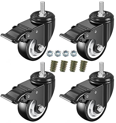 Ruedas giratorias industriales de 3 pulgadas con vástago, rosca de tamaño imperial 3/8-16x1, ruedas de seguridad con doble bloqueo, ruedas de espuma de poliuretano silenciosas para bancos de traba