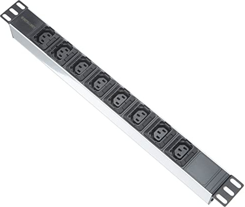 Intellinet 163651 19 8-fach Steckdosenleiste C13-Kaltgerätesteckdosen und Kabelklemmen (PDU mit abnehmbarem Stromkabel 2m, rückseitigem C14-Stromeingang) 1 HE schwarz/silber