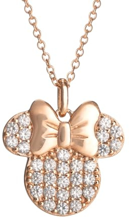 Disney Minnie Maus Halskette aus 925er Sterlingsilber mit Roségold-Plattierung und weißen Zirkonia, 46 cm Kette, für Damen und Mädchen, Fertig zum Verschenken, Offizieller Disney Schmuck