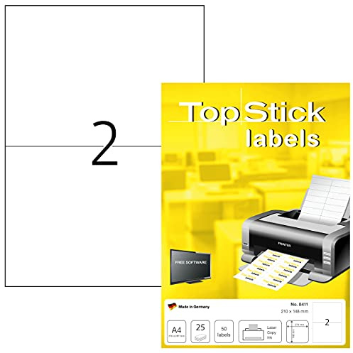 TopStick 8411 Universal Etiketten, 25 Blatt, 210 x 148 mm, 2 pro A4 Bogen, 25 Stück, selbstklebend, bedruckbar, matt, blanko Papier Klebeetiketten Aufkleber, weiß