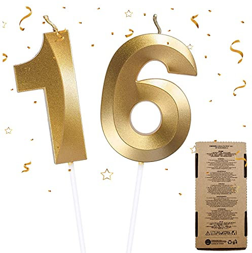 2Pcs Candele di Compleanno, Numero Candele Decorazione Candeline Torta Compleanno Candela Numero 1&6, Candele per Torta di Compleanno per Happy Birthday Cake Topper Festa Nozze Anniversario(Numero 16)