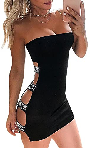 Loalirando Robe Crayon Femme Courte Sexy Moulante avec Strass Robe Epaules Dénudées pour Soirée Clubbing (Noire, S)