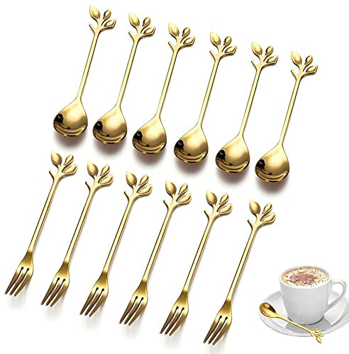 12 Pcs Tea Sugar Spoons, Stainless Steel Dessert Coffee Tea Spoon, Stainless Steel Tea Fork, Appetizer Dessert Forks, Including 6 Spoons and 6 Forks, for Kitchen Tea Parties and Coffee Shops (Gold)