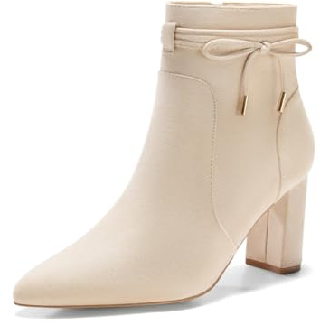 Coutgo Womens Pointed Toe Ankle Boots Chunky Block Heel Tie Knot Side Zipper Dressy Booties, Beige, Size 10