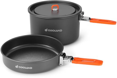 Odoland Utensilios Cocina Camping Kit con Ollas de Camping 2.4 L, Sartén de Camping 1.2 L, Set de Utensilios Cocina para Camping Cocina al Aire Libre Senderismo Viajar
