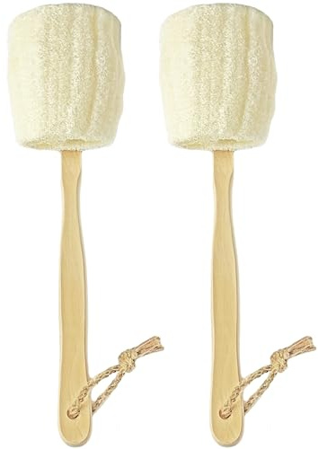 2-Pack Natural Loofah Exfoliating Bath Brush - Body luffa loofa Sponge On a Stick - Sponge Scrubber with Long Wooden Handle Back Brush for Men & Women - Bath Spa Shower