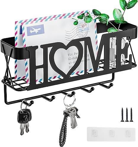 OHOBABY Key Holder for Wall - Key Rack with 5 Key Hooks, 11.02 L×2.75 W×4.92 H, Key and Mail Organizer Wall Mount with Mesh Basket, Key Hanger for Wall, Entryway, Home Decor(Matte Black)