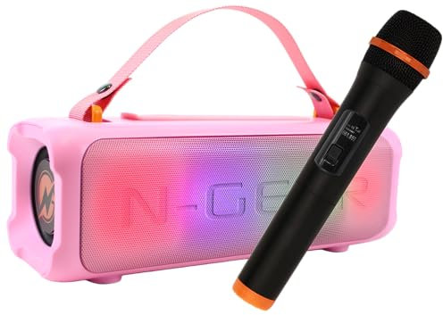 N-Gear Blazooka 703 Rosa - Tragbarer, kabelloser und Kleiner Bluetooth Lautsprecher - Inklusive kabellosem Mikrofon und Disco Licht - 100 Watt Musikbox und 5 Stunden Spielzeit.