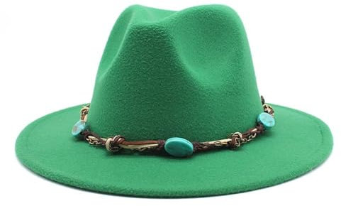 NOAMED Fengyan Mützen Melone im westlichen Stil mit türkisfarbener Kette, Harz-Accessoires, Jazz-Hut, Wollfilzhut im europäischen und amerikanischen Stil (Farbe : Grass Green, Größe : 6 7/8-7 1/8)