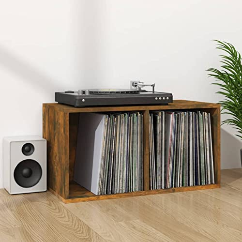 Tidyard Contenitore per Vinili,Mobile Porta Vinili Moderno,Libreria da Scrivania,Libreria da Tavolo Salvaspazio con 2 Cube,Organizer per la Vostra Camera da Letto Rovere Fumo 71x34x36cm Legno