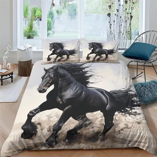 Bettwäsche Set Bettbezug 140x200 Weich Bequem Atmungsaktiv Hypoallergen Mikrofaser Bettbezüge und 2 Kissenbezug, für Teenager-Schlafzimmer-Dekor（Dunkles Pferd