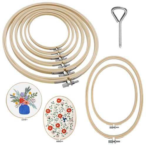SNAIL GARDEN 8 Pcs 8 Sizes Round+Oval Embroidery Hoops Set,Bamboo Embroidery Rings,Cross Stitch Hoops 8cm to 26cm with 1 pcs Screwdriver for Handmade Art Craft Sewing,Embroidery Craft Making