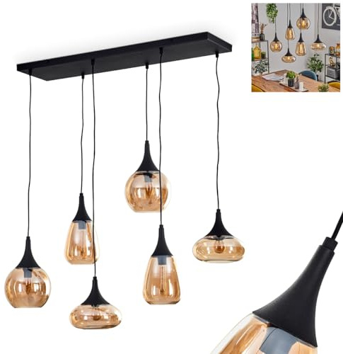 HOFSTEIN Hängeleuchte Maynal, 6-flammige Hängelampe aus Metall/Glas in Schwarz/Bernsteinfarben, moderne Pendelleuchte im Retro/Vintage-Design, Höhe max. 150 cm, E14, Esszimmer, Küche, Wohnzimmer