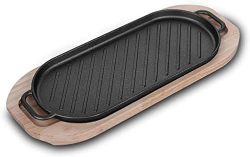 HPTHLY Sartén para Parrilla para Carne de Hierro Fundido, Plato para Servir previamente sazonado con Asas Dobles Fuente para Servir de Hierro Fundido con Tabla de Servir de madera-37 × 16 cm