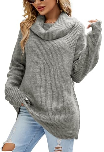 crazy bean Maglione Donna Elegante a Collo Alto Maglie Pesante a Maniche Lunghe Caldo Dolcevita Lungo Pullover Invernale in Maglia Oversize Grigio L