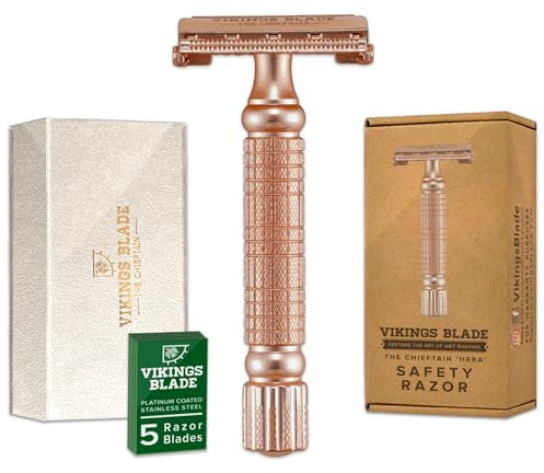 VIKINGS BLADE Double Edge Safety Razor + 5 Swedish Steel Blades + Luxury Case. Smooth, Reusable, Recyclable (Chieftain Hera)