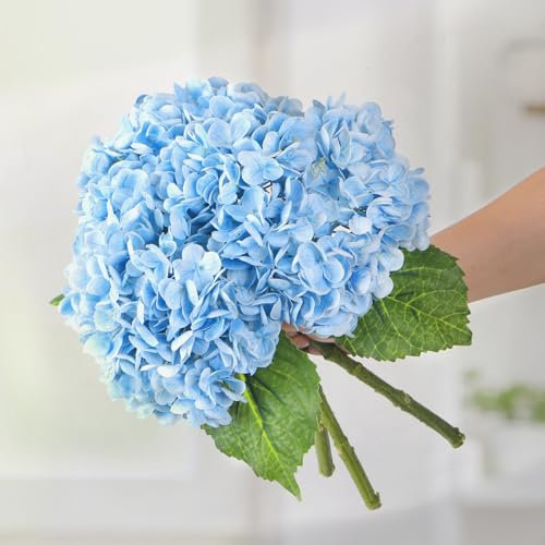 Kmise Ortensie artificiali, 56 cm, realistiche al tatto, ortensie in lattice, grandi ortensie finte per la decorazione della casa, bouquet di nozze, composizioni floreali, centrotavola, azzurro, 3