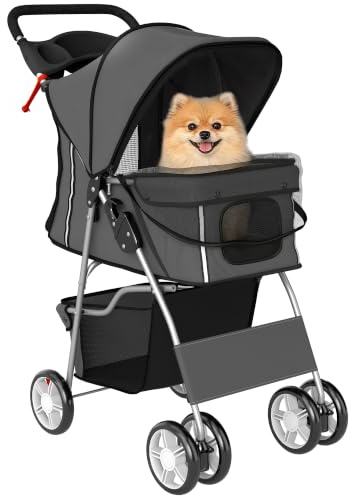 PawHut Dog Pram Foldable Pet Stroller for Small Breeds Cats Dark Grey
