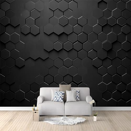 Papier Peint Intissé Motif Hexagonal En Nid D'Abeille Noir 200x140 cm Papier Peint Panoramique Moderne, Tableaux Muraux Tapisserie Photo, Papier Peint Mural pour Salon, Chambre, Fond Décor TV