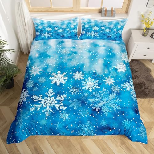 Erosebridal White Snowflake Queen Duvet Cover for Kids Boys Girls Gradient Blue and White Comforter Cover Happy Christmas Bedding Set Romantic Dreamy Winter Bed Set Cover