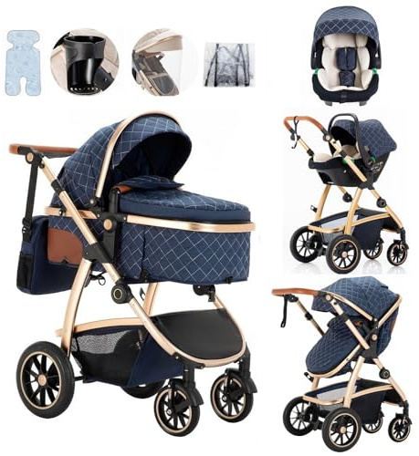 Lnhcrbs Passeggino Trio,Passeggino Leggero è Dotato di Un Maniglione Regolabile in Altezza,Passeggino Reversibile è Dotato Anche di Seggiolino Auto, Zanzariera e Borsa Per La Mamma, Portabicchieri