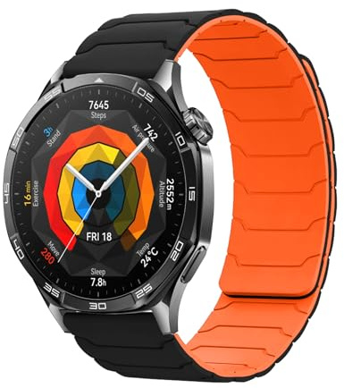 Hinnwer 22 mm Magnetisk Rem Kompatibel med Huawei Watch 5 46/GT 5/GT 5 Pro/GT 4, Starkt Silikon Dubbla Magnetiska Sportband för Watch 4 Pro 48 Svart Orange