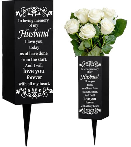 WEBEEDY Husband Cemetery Vases Metal Grave Vases with Spikes Heart Vine Husband Memorial Grave Flower Holders Black Cemetery Vase for Father's Day Funeral,8x20 cm(in Loving Memory of My Husband)