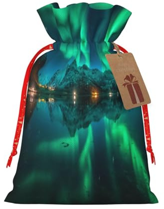 Kuilepa Leinen-Jutebeutel mit Nordlichter-Druck, mit Geschenkanhängern, Geschenktüten, Hochzeitsfeier, Weihnachten, Geburtstag, Geschenke für Party, Heimbedarf