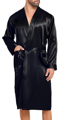 Lovasy Vestaglia Uomo Raso Accappatoio Kimono Leggero in Seta a Maniche Lunghe Camicia da Notte Uomo Accappatoio e Biancheria da Notte con Cintura e Tasca,A-nero,XL