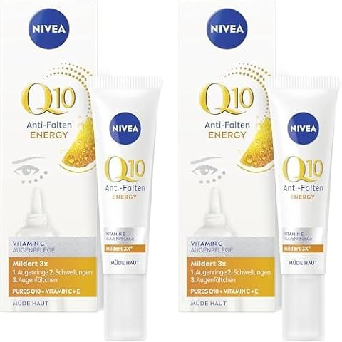 NIVEA Q10 Anti-Falten ENERGY Vitamin C Augenpflege, Augencreme mit purem Q10, Vitamin C und E, straffende Feuchtigkeitscreme für die empfindliche Augenpartie (15 ml) (Packung mit 2)
