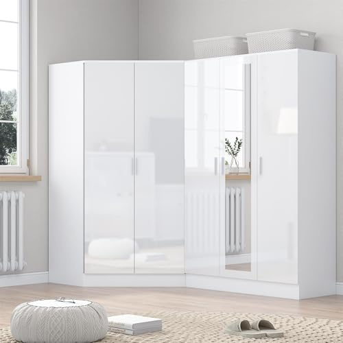Reflect 2 Piece Wardrobe Bundle | 2 Door Corner + 3 Door Mirror | White Gloss & Matt White Finish | H: 180cm x W: 215cm x D: 103cm | Modern Bedroom Furniture Storage Solution
