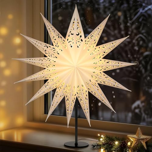 Lewondr 3D Papiersterne Weihnachten Tischlampe, 17,72 Ausgehöhlter 14-zackiger Weihnachtsstern Beleuchtet mit E14 LED-Birne, Weihnachtsstern Stehend Weihnachtsdeko mit Eisenbasis für Innen Feiertag
