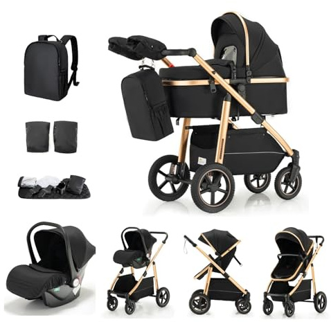 Kakbgee 3 in 1 Passeggino per Bambini, Passeggino Combinato, Manico Regolabile in Altezza, Baby Buggy, Carrozza e Sedile Auto con Zanzariera, High Vision Telaio in Alluminio per Neonati(0-4 Anni 22KG)