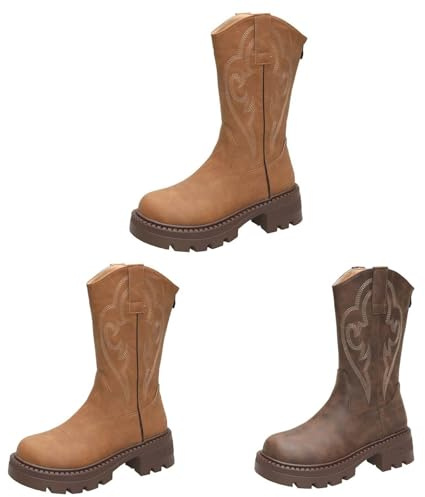 Platåstövlar dam, blockklack, profilsula – cowboystövlar dam, vida skaft – västerländska stövlar, halvskaft, ridstövlar vintage, broderi, halvstövlar, rund tå, slip-stövlar, GUL, 41 EU