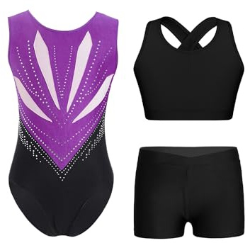 Yeahdor Flickor barn linne enhetsshorts set gymnastikdräkter Athleti 3-delad dansdräkter scenföreställningsdräkter balett-enhetdräkt, lila svart, 134/140 cm