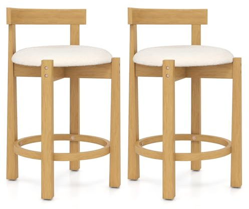 COSTWAY 2er Set Barhocker, Barstühle Holz mit Rückenlehnen & Fußstützen, Küchenhocker Sitzhöhe 62cm, Thekenhocker für Kücheninsel & Esszimmer (Natur+Weiß)