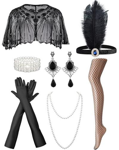 PartyforU 20er Jahre Flapper Accessoires Mit Feder Kopfband Halsketten Ohrringen Armreifen Handschuhen Strümpfen Und Schals Für Frauenpartys