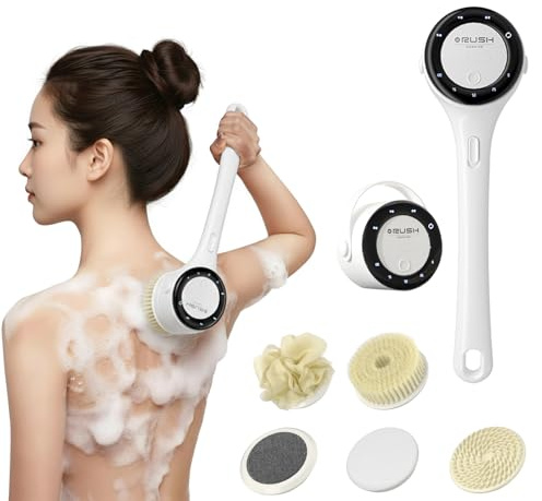 Cepillo Espalda Ducha Eléctrico, Cepillo Exfoliante Corporal de Mango Largo con Mango Desmontable, Cepillo Corporal Eléctrico con 5 Cabezales para Limpieza de Piel,Exfoliación,Masaje (Blanco)