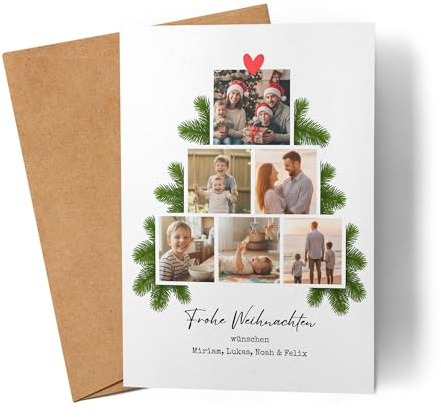 Kiddle-Design Weihnachtskarte Personalisiert mit eigenen Fotos, Familien Karte zu Weihnachten mit Namen und Bildern Bedrucken, Frohe Weihnachten Grußkarte inkl. Umschlag - 1 Stück