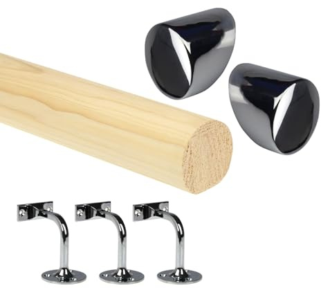 Pine Round Mopstick Handrail Kit with Wall Brackets & End Caps – 1200–4200mm, Chrome/Black/Nickel/Brass (Chrome, 1800mm)
