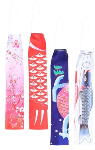 PAMINGONO Japanische Karpfenflaggen 4 Stück Dekorative Koi Windsäcke aus Robustem Material Bunte Gartendeko für Drinnen und Draußen Japanische Windsack Anhänger für Heim Tempel und