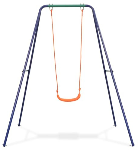Altalena per bambini giardino, altalena singola arancione con telaio in acciaio e sedile in plastica, resistente alle intemperie, per esterno, parco giochi, divertimento famiglia, tempo libero