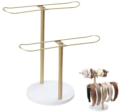 XingFuDM Haarreif Haarband Ständer, Haargummi Haarschmuck Organizer Armbandhalter mit 2 Ebenen, Schmuckständer Armreifen Halsketten Haarband Halter für Mädchen und Frauen, (Gold/Weiß)
