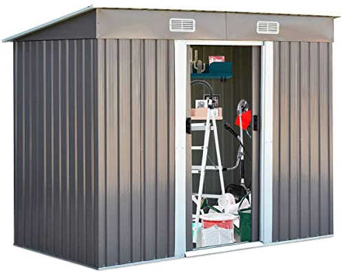 GOPLUS Verktygshus metall 238 x 131 x 181 cm, utrustningsskjul utomhus, väderbeständig, trädgårdsskjul med 2 skjutdörrar, 4 ventilationsfönster och pulttak, trädgårdshus för trädgård, gård