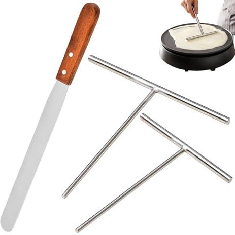 3 Pack Crepe Spreader and Spatula Kit, 12 Wooden Handle Spurtle Spatula, Stainless Steel Crepe Spreader, 7 & 5 T-Shaped Batter Spreaders, Crepes Turner Sticks, Pancake Tool Fit Any Crepe Maker Pan