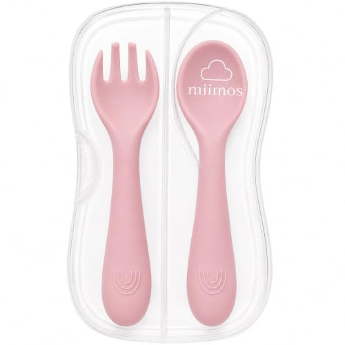 miimos Cubiertos Bebé Silicona BLW con Estuche de Viaje | Cuchara y Tenedor Ergonómicos Sin BPA | Set Guardería y Aprendizaje Autónomo (ROSA)