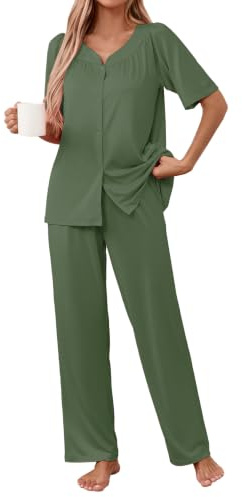 Famulily Pyjamas for Women Button Down Pleated Tops and Elastic Wide Leg Pants Soft Pjs Ladies Classic Pajamas S-XXL