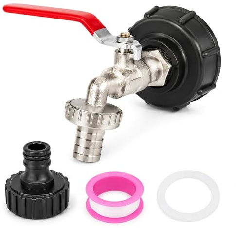 Robinet Cuve 1000L en aluminium avec Adaptateur S60X6 trois quarts | Filetage S60X6 avec vanne trois quarts, sortie de 20 mm, raccord rapide, joint plat et ruban PTFE pour cuve IBC.